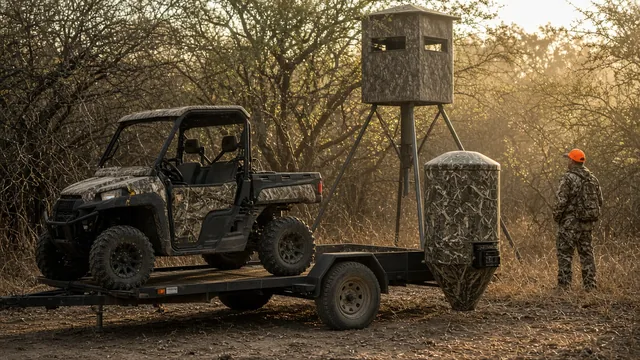 Camo UTV and deer feeder on a utility trailer near a tripod box blind in South Texas brush