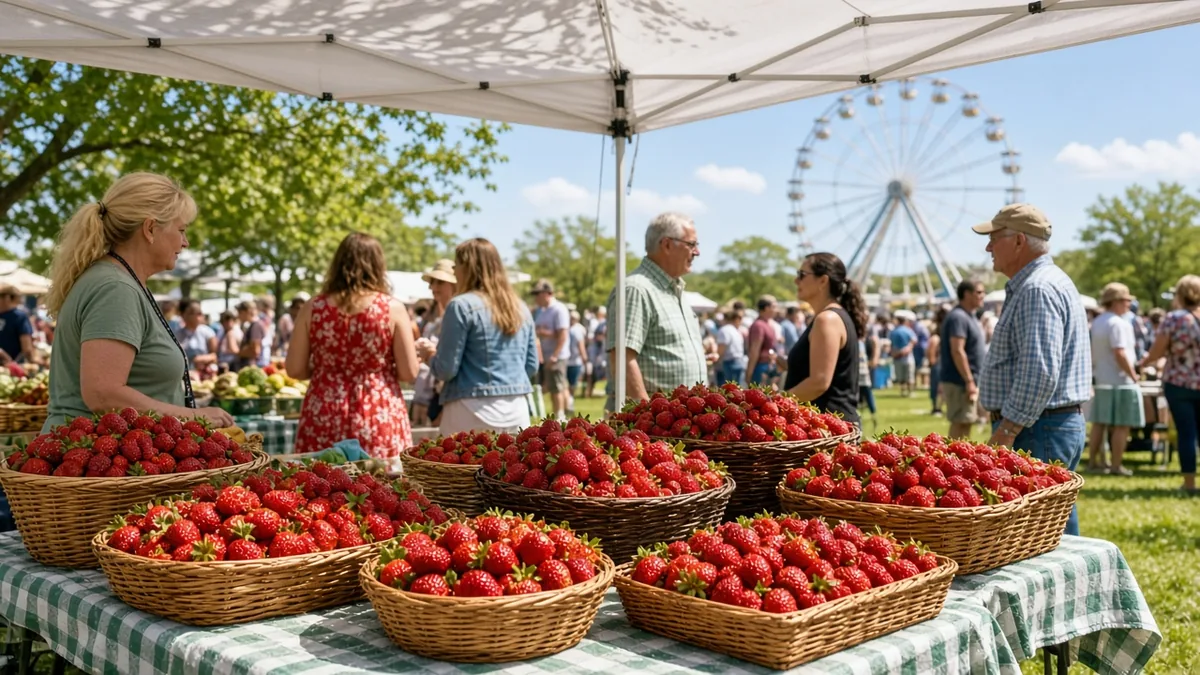 Festival vendor canopy with baskets of fresh strawberries and a Ferris wheel in the background
