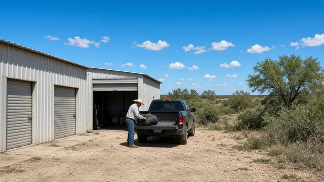 Rancher unloading a pickup at a drive-up storage unit in South Texas brush country near Poteet