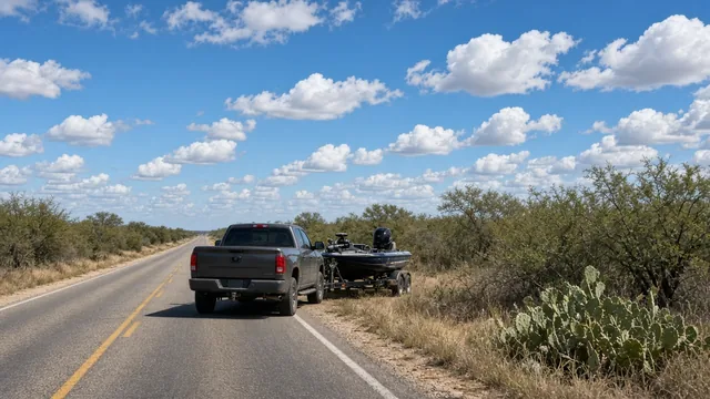 Pickup towing a bass boat down an open highway through South Texas brush country with prickly pear