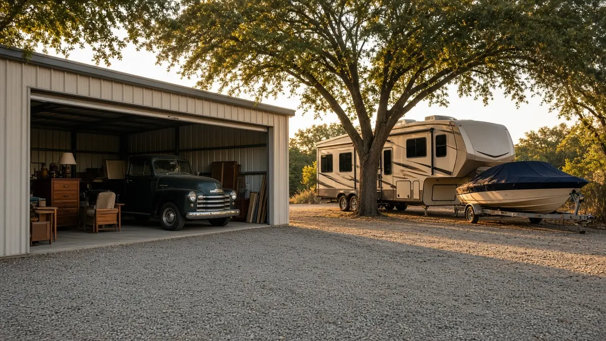 Large drive-up unit holding a classic truck and furniture beside a fifth-wheel RV and covered boat