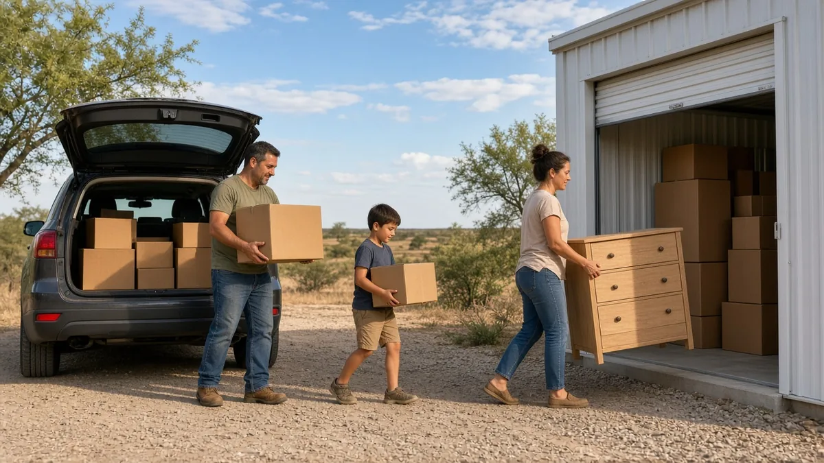Family carrying boxes and a dresser from their SUV into a drive-up storage unit near Jourdanton