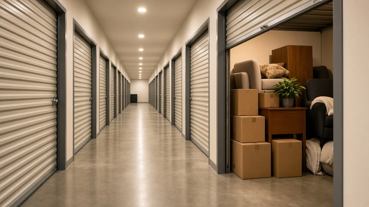 Clean climate-controlled storage hallway with one unit open showing stacked furniture and boxes