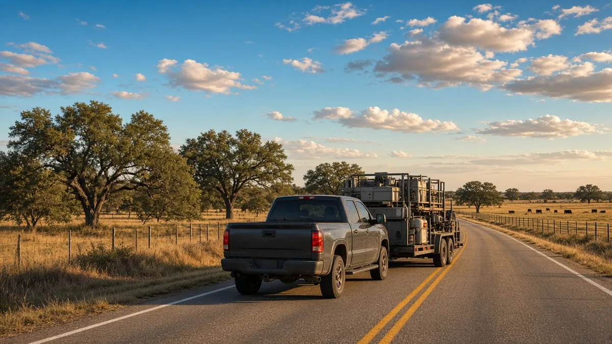 Pickup towing an equipment trailer past live oaks and cattle pasture near Pleasanton, Texas